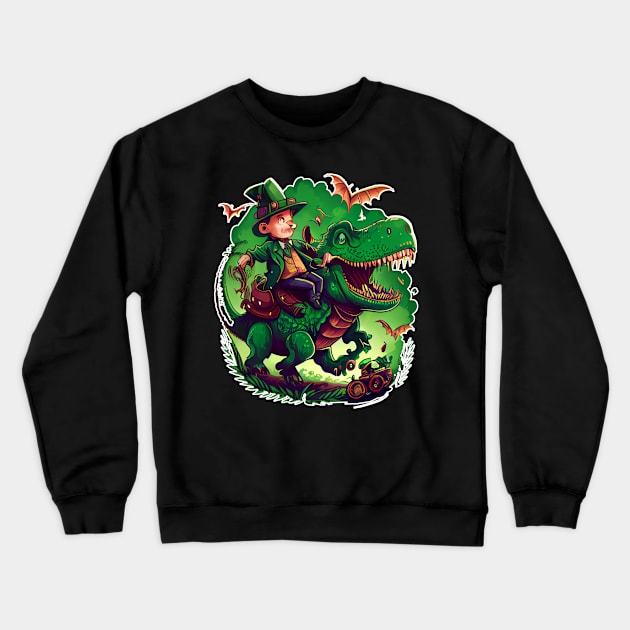 Funny Leprechaun Riding T-rex Crewneck Sweatshirt by TriHarder12